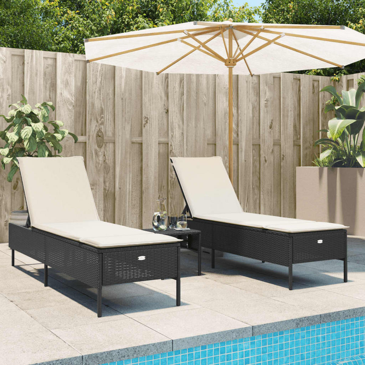 SONNENLIEGEN Mit Auflagen 2 Stk. Schwarz Poly Rattan - Schwarz, Kunststoff (55/97/198cm) - vidaXL