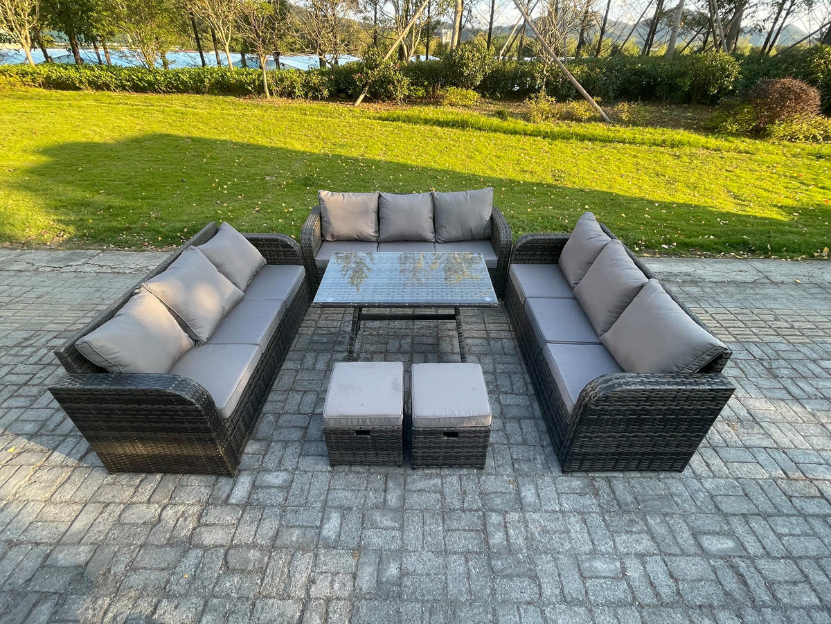 GARTENMÖBELSET mit ESSTISCH, 3-SITZER SOFA Polyrattan 11-Sitzer - Dunkelgrau/Grau, Glas/Kunststoff - Fimous
