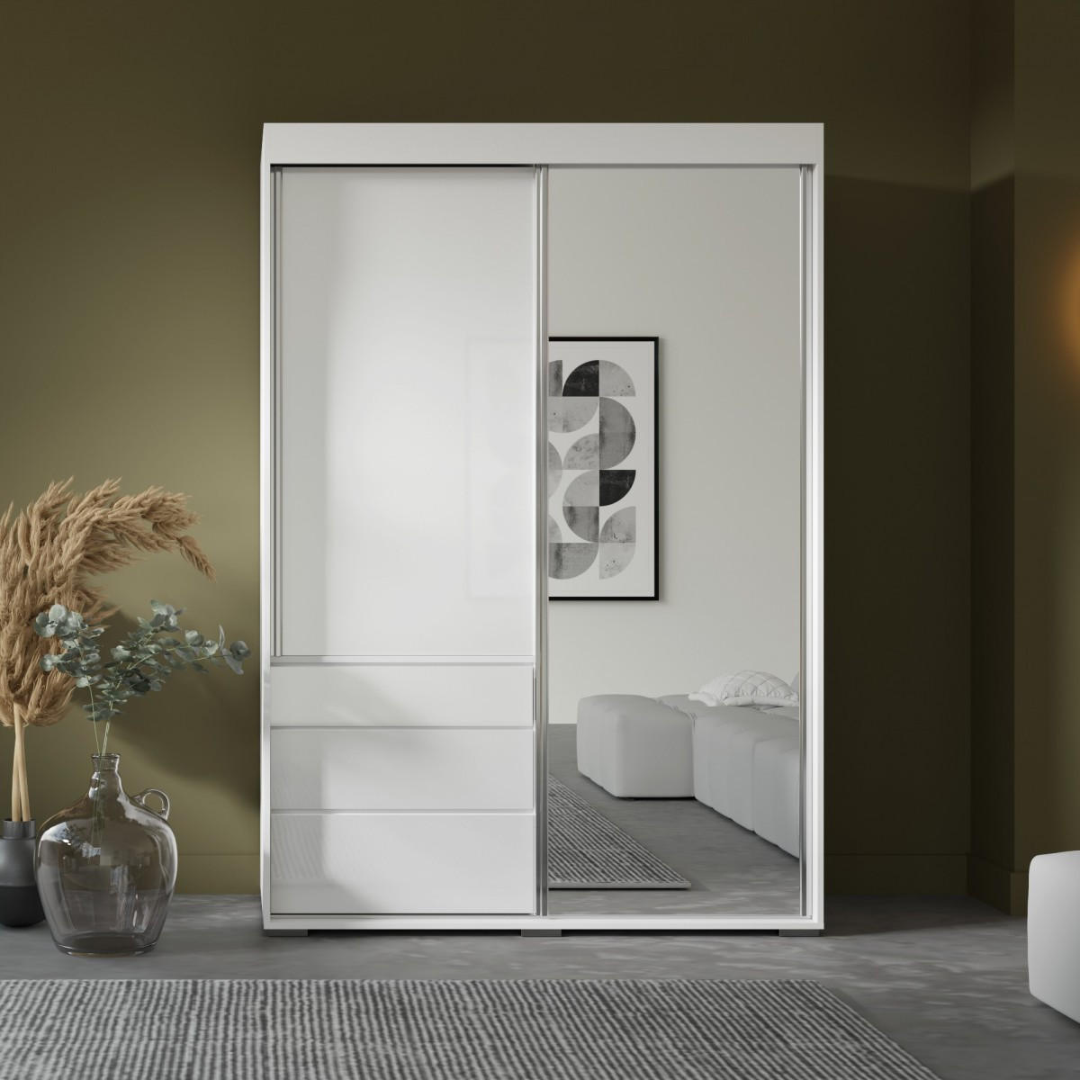 SCHIEBETÜRENSCHRANK mit Schubladen und Spiegel Torino 2D1L 140 Weiß (Lacobel) - Silberfarben/Weiß, Holzwerkstoff/Metall (140/204/65cm) - mzm24