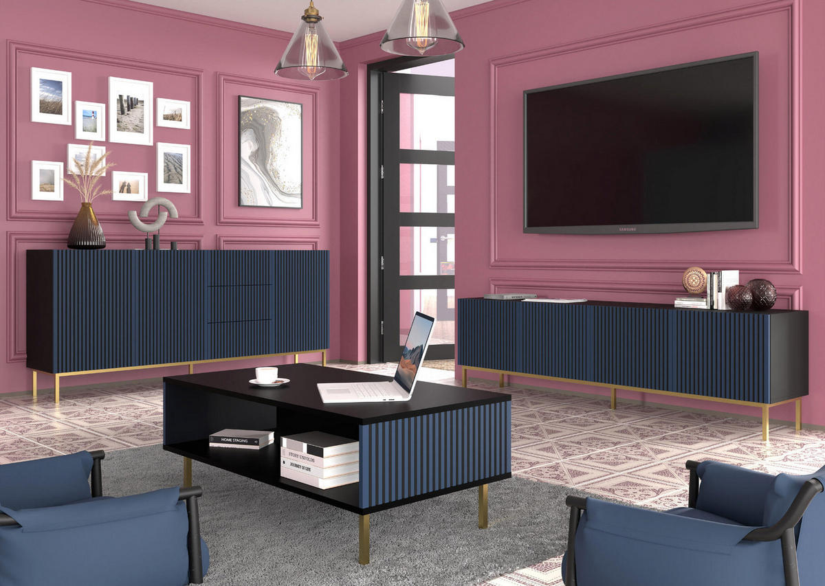 TV-LOWBOARD SCHWARZ - Blau/Goldfarben, Holzwerkstoff (200/58/42cm) - FURNLUX