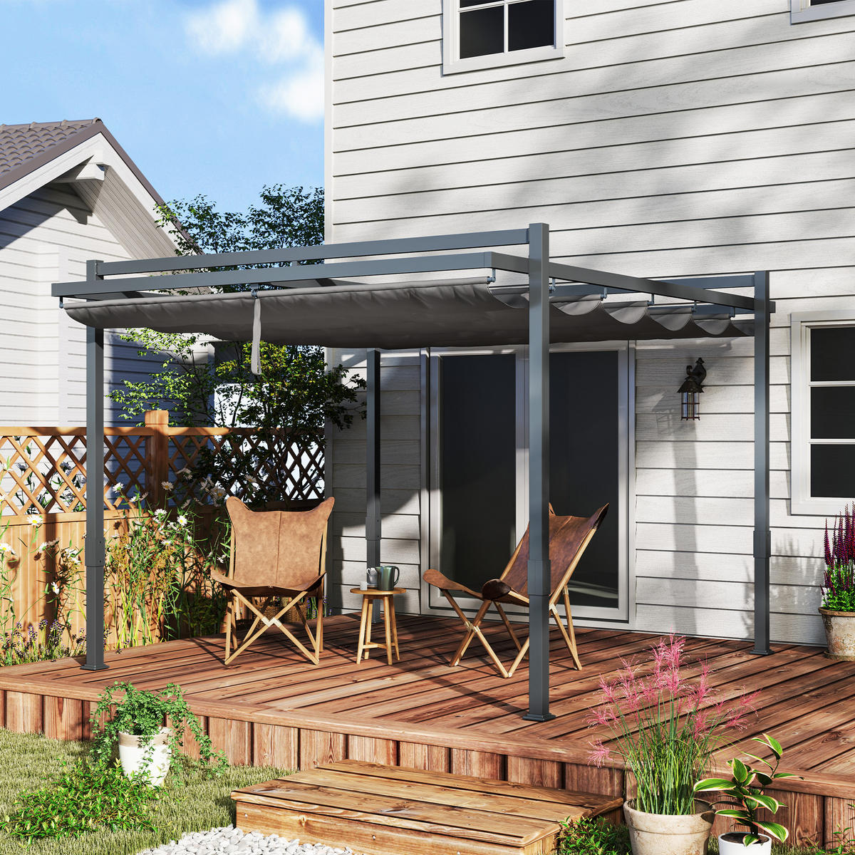 PERGOLA Pavillon ca. 3,5x3m Aluminium Stabil winterfest Sonnenschutz mit verstellbares Schiebedach Grau - Grau, Metall (358/245/320cm)