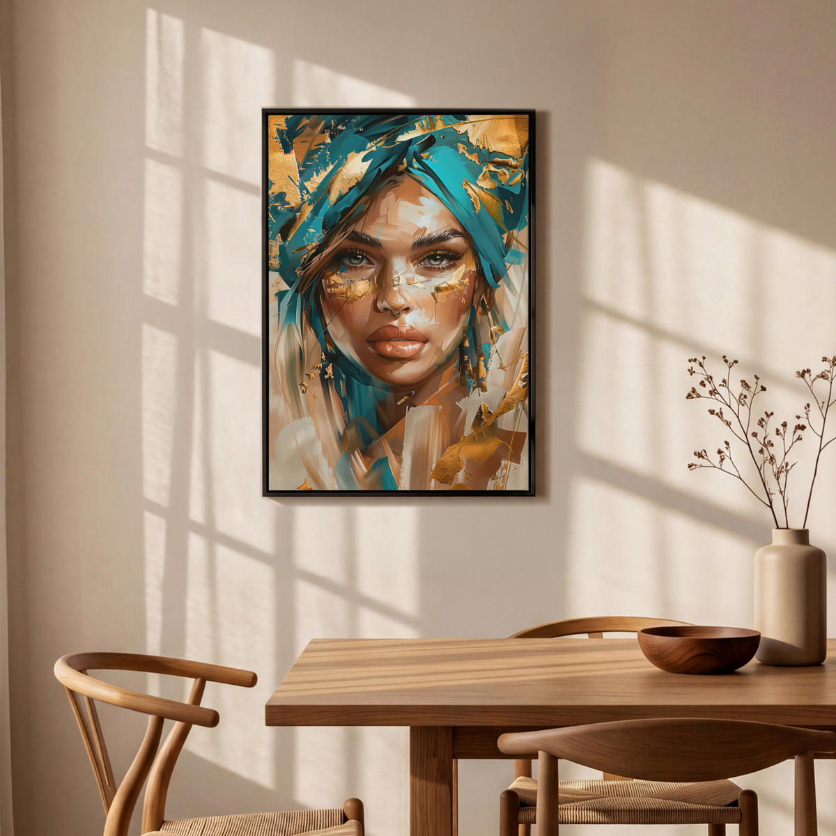LEINWAND Bilder mit Rahmen - Frau - Porträt - Gold - Luxus - Blau - 60x90 - Türkis, Textil (60/90cm) - MuchoWow