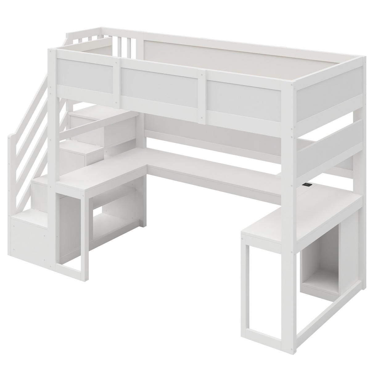 HOCHBETT aus MDF und Sperrholz 90x200 cm Weiß mit Schreibtisch, Stauraumtreppe, LED und USB - Weiß, Holzwerkstoff (90/200cm) - Modfu