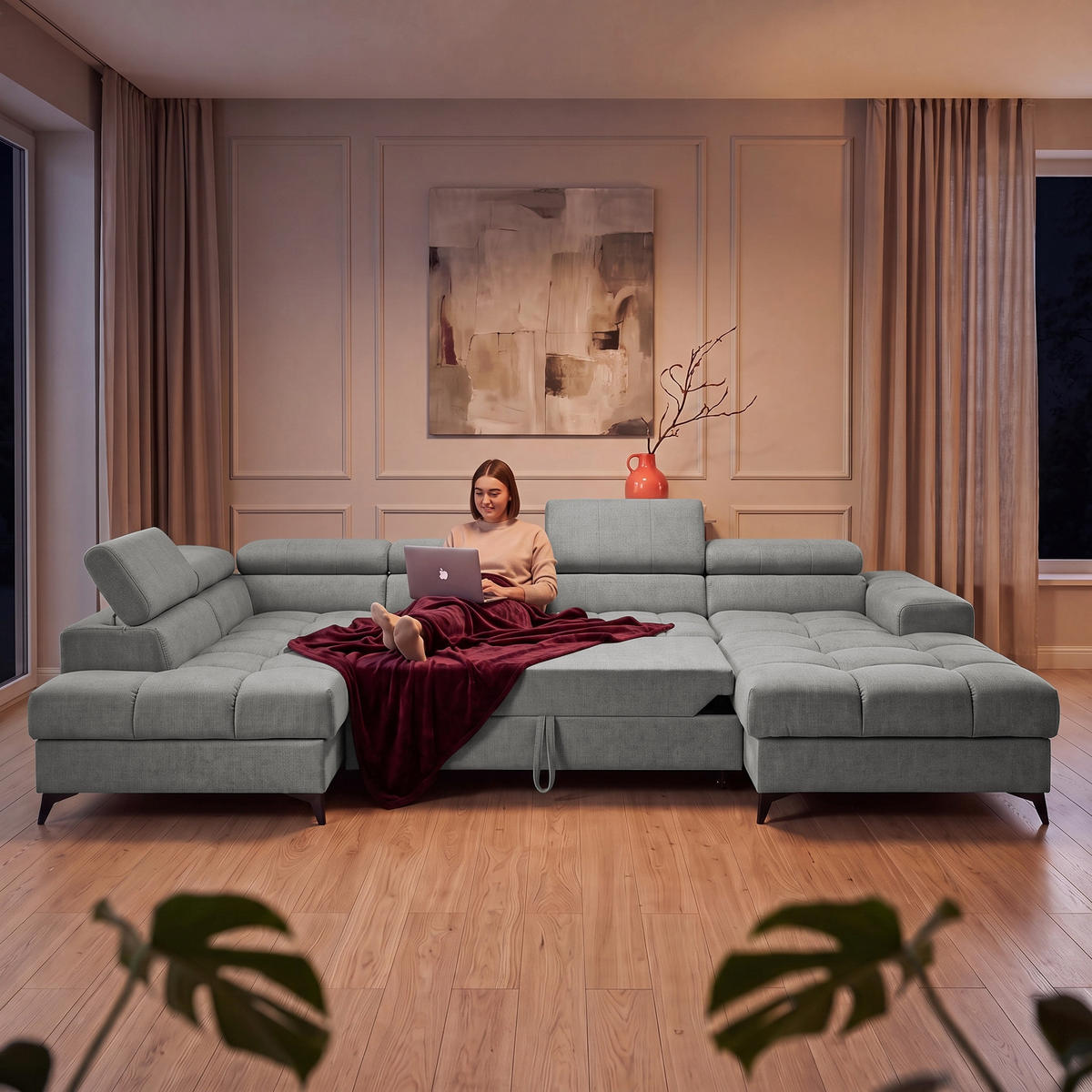 ECKSOFA PUDDING U Rechts mit Schlaffunktion 125x260 Velours Grau - Schwarz/Grau, Holz/Textil (350/203cm) - Muffo