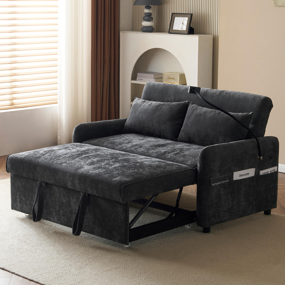 SCHLAFSOFA, Chenille mit USB-Anschluss & 3-fach verstellbarer Rückenlehne, 129/163/81 cm, Grau - Grau, Textil (129/81/163cm) - Redom