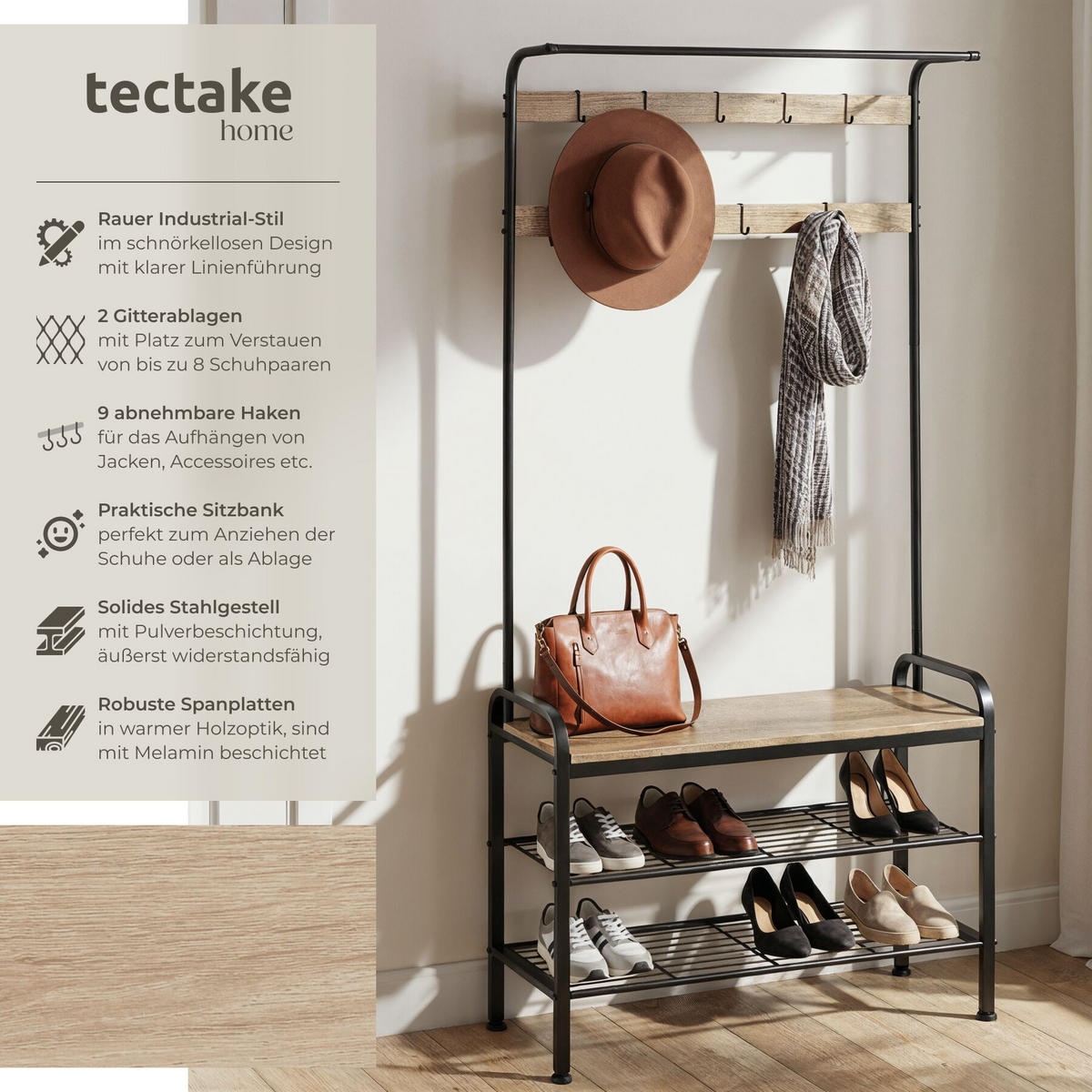 GARDEROBENSTÄNDER Alberta, inklusive Kippschutz, 85,5 x 36 x 184 cm, Industrial Holz hell, Eiche Sonoma - Naturfarben, Textil (36/184/85.5cm) - tectake