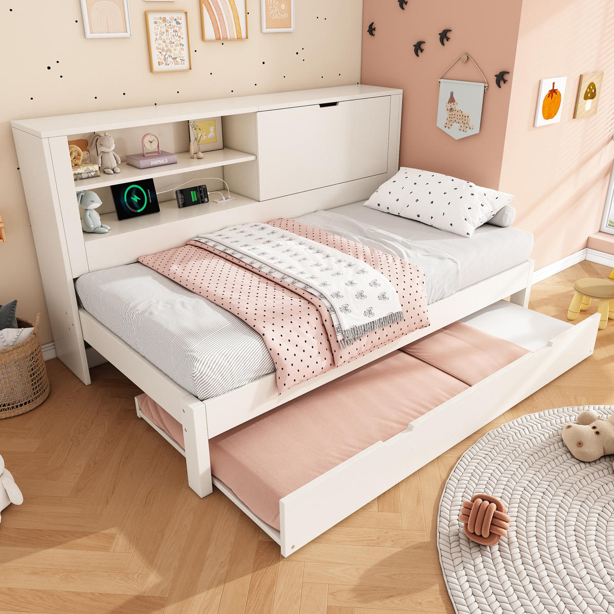 SOFABETT 90/200 cm mit Ausziehbett, Stauraum-Rückwand und USB-Ladestation - Weiß, Textil (90/200cm) - BEAOK