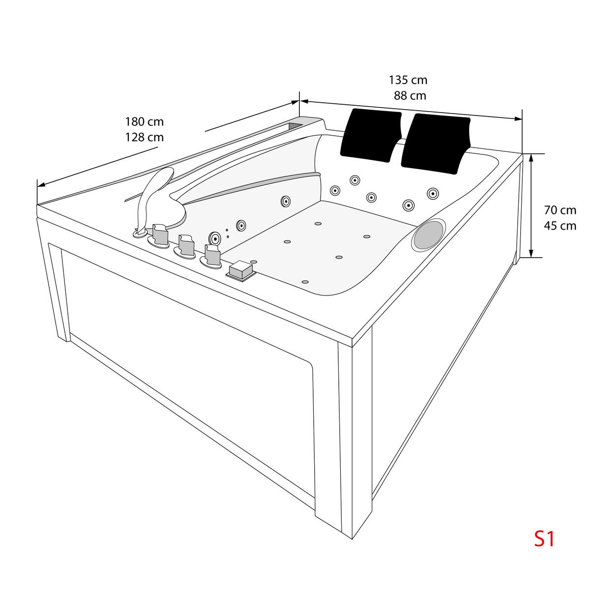 WHIRLPOOL Pool Badewanne Wanne W12H-B 180x135cm - Weiß, Glas/Kunststoff (135/70/180cm) - AcquaVapore by Sandra Jentho