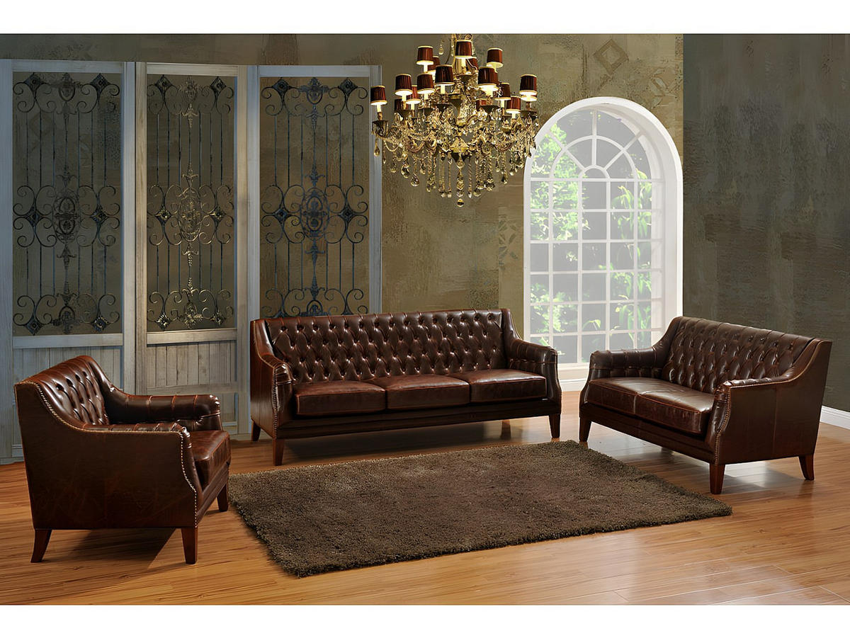 COUCHGARNITUR mit Sessel - 6 Personen - leder - schokoladenbraun Colbert - Braun, Leder/Holz (84/84/84cm) - Vente-Unique
