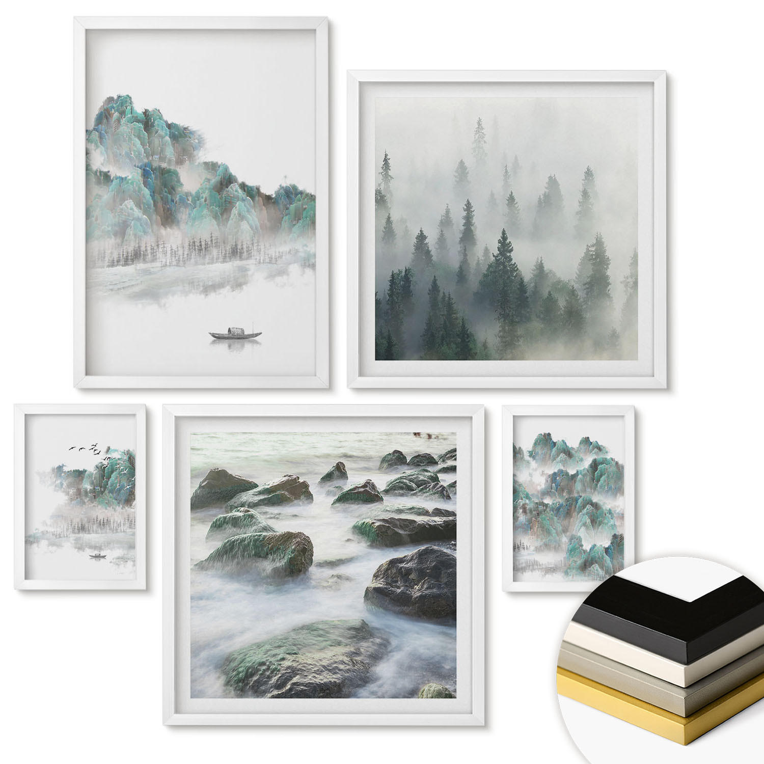 WANDBILDER 5er-Set - 50x50 cm & 20x30 cm & 40x60 cm Weißer Rahmen - Sommerwiesenblumen Sonnenuntergang - Weiß, Kunststoff (40/60cm) - ArtPrintCave