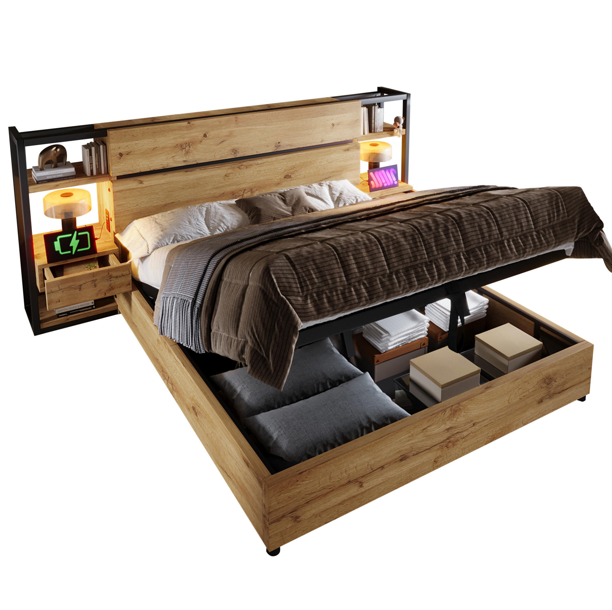 Modfu DVOJLŮŽKOVÁ postel z MDF a kovu 180x200 cm dubová s úložným čelem, USB a Type-C nabíjením