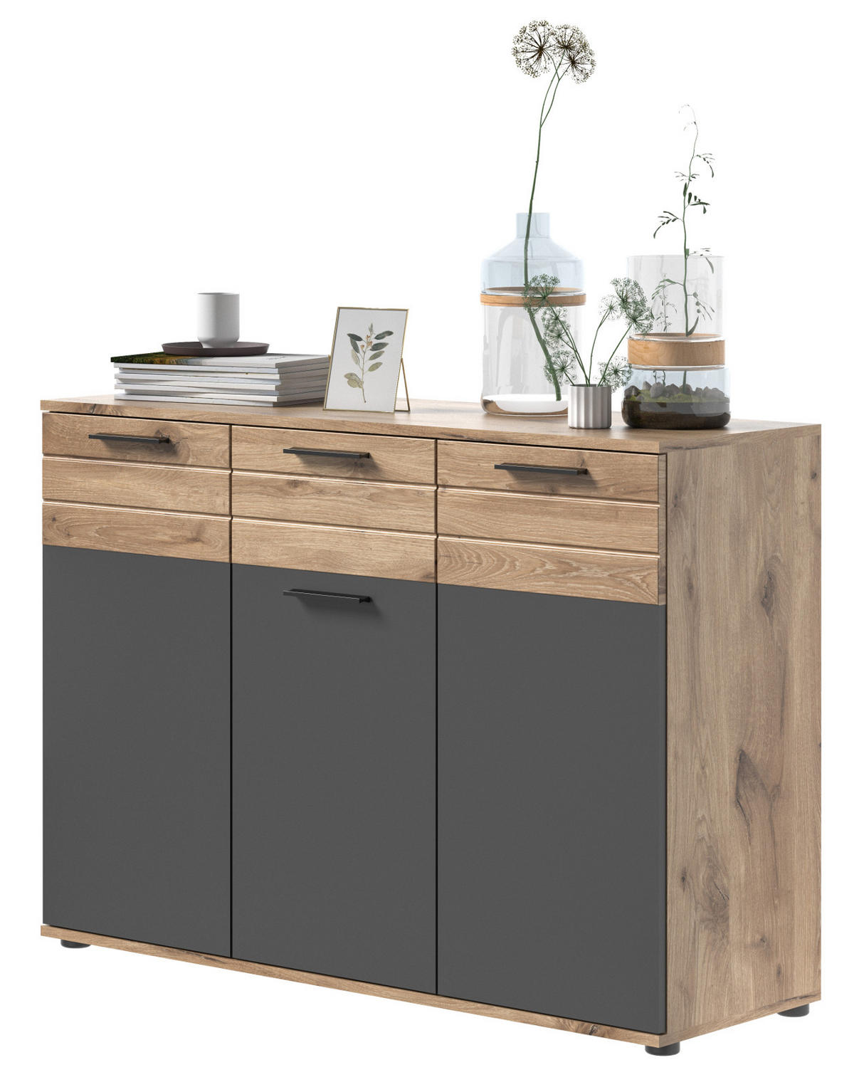 KOMMODE Eiche, grau 120 cm, Sideboard mit Soft-Close, Wohn- und Esszimmermöbel - Eichefarben/Schwarz, Holzwerkstoff/Kunststoff (120/87/40cm) - Inn.Furn