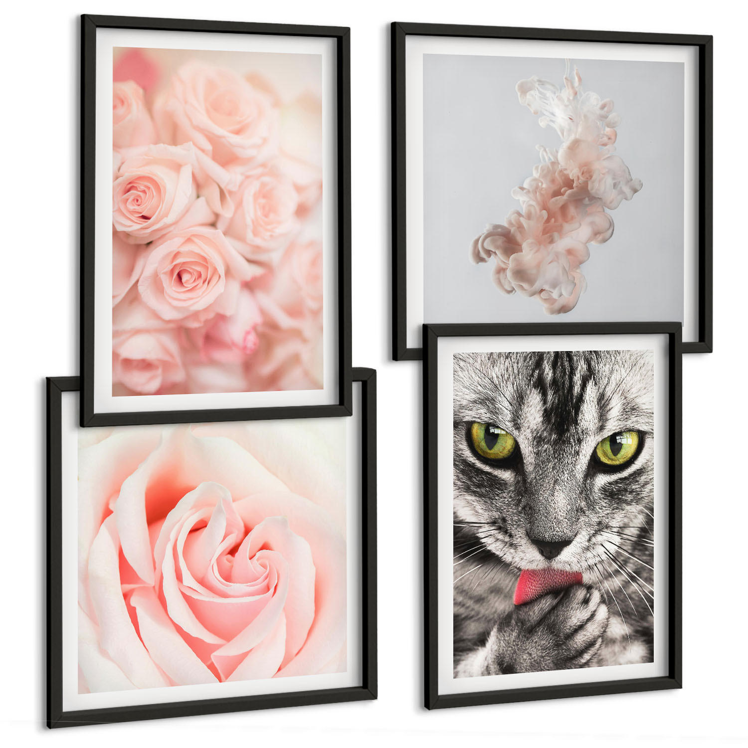 BILDER SET 4er Set - 50x50 cm & 40x60 cm Schwarzer Rahmen - Abstrakte Darstellung von grauen Katzenrosen - Schwarz, Kunststoff (50/50cm) - TULUP
