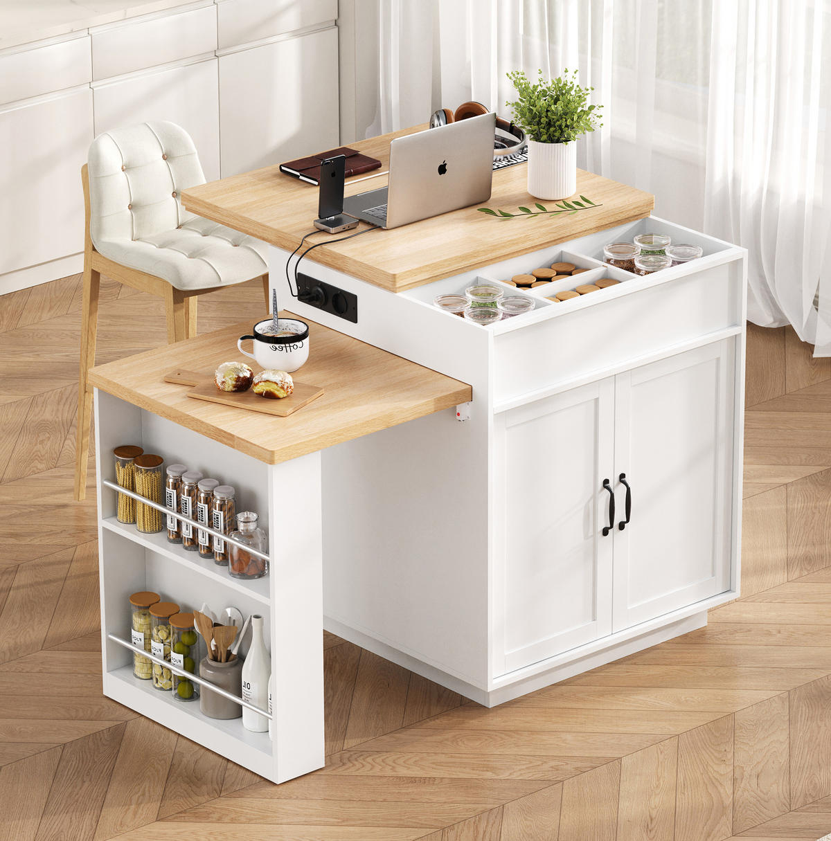 KÜCHENINSEL 125,5-187,5/71/93 cm aus MDF mit ausziehbarer Tischplatte und LED-Beleuchtung Weiß - Weiß, Holzwerkstoff (125.5/93/71cm) - Modenvie