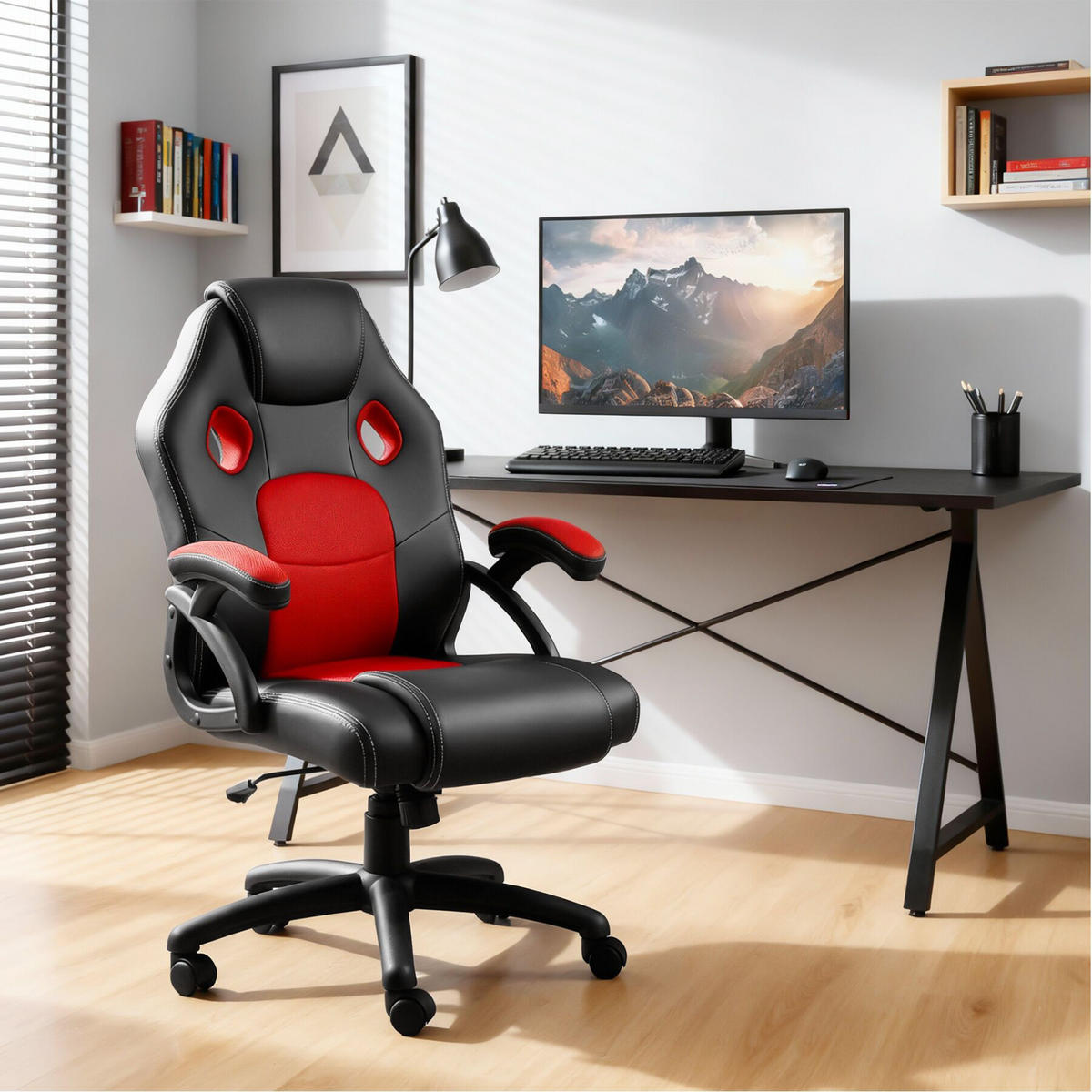 BÜROSTUHL Mike, stufenlos höhenverstellbar, schwarz/rot - Rot/Schwarz, Leder (68/114.5/69cm) - tectake