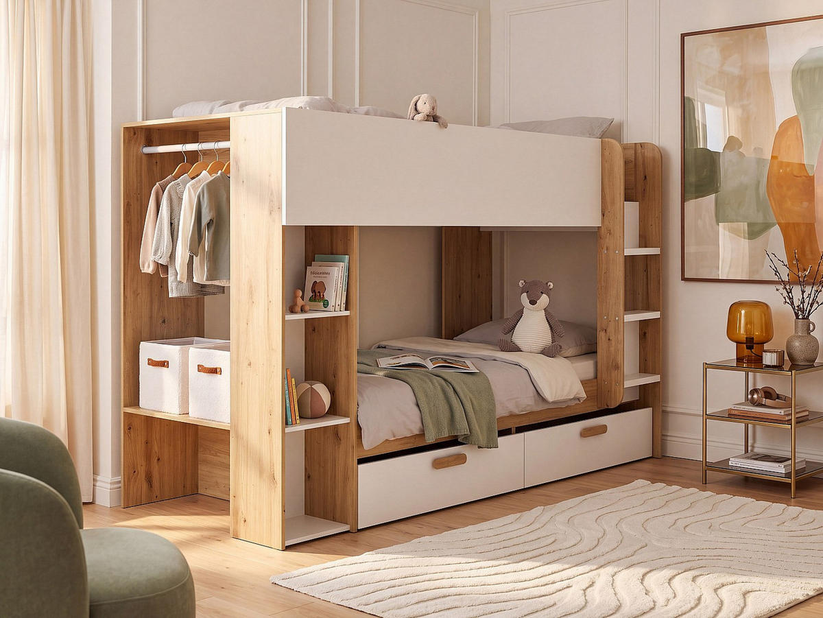 ETAGENBETT - 2 Personen - holz - naturfarben hell, weiß Osana - Weiß, Holz (90/200cm) - Vente-Unique