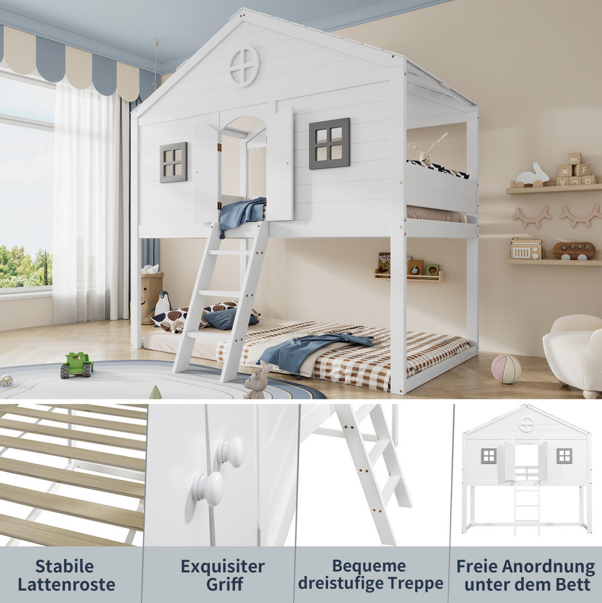 HOCHBETT 90/200 cm Weiß/Grau aus Kiefer und MDF mit Treppe - Weiß, Holz (90/200cm) - OKMYHOME
