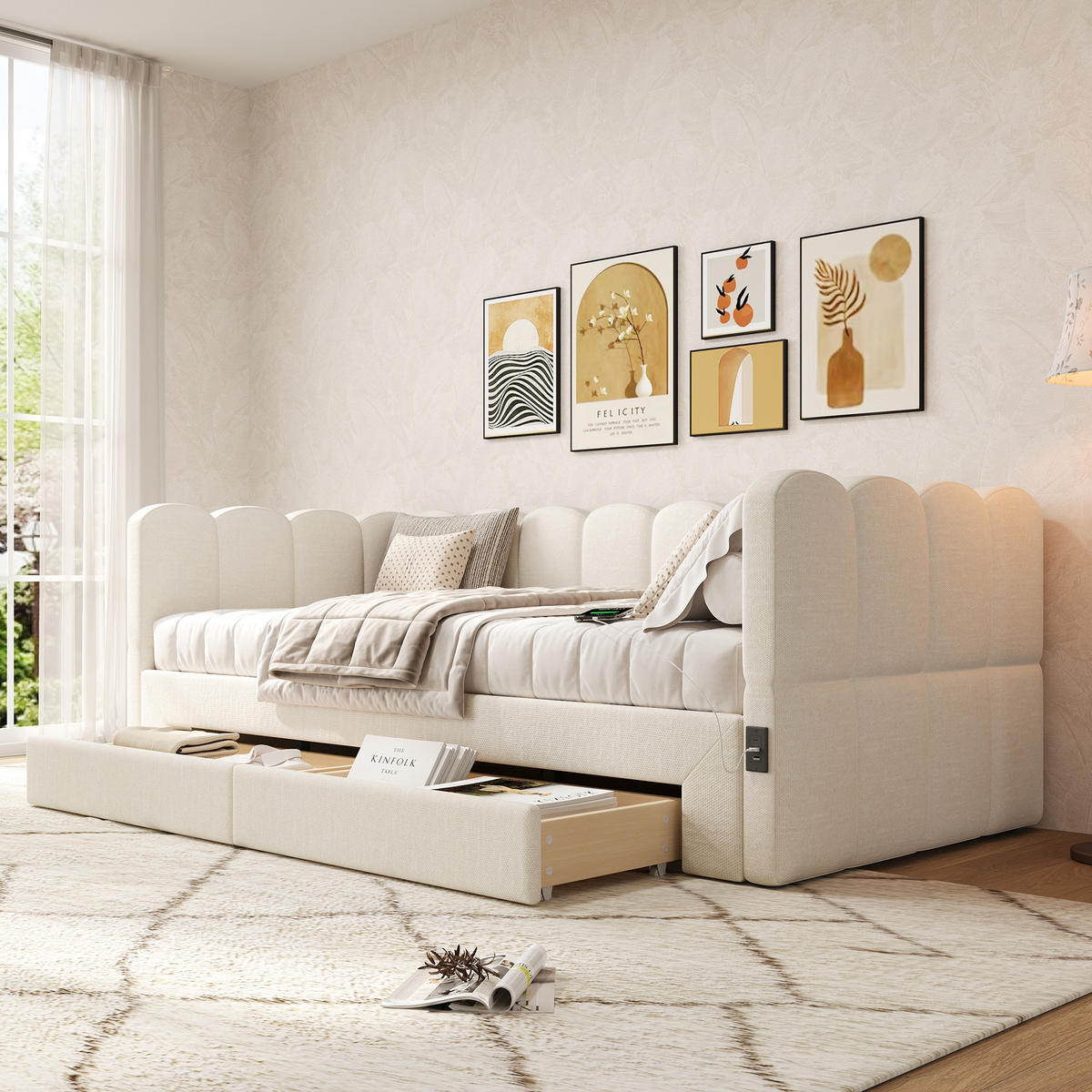 POLSTERBETT 90/190 cm beige aus Leinen mit Ausziehfunktion und USB-Anschluss - Weiß, Textil (90/190cm) - OKWISH