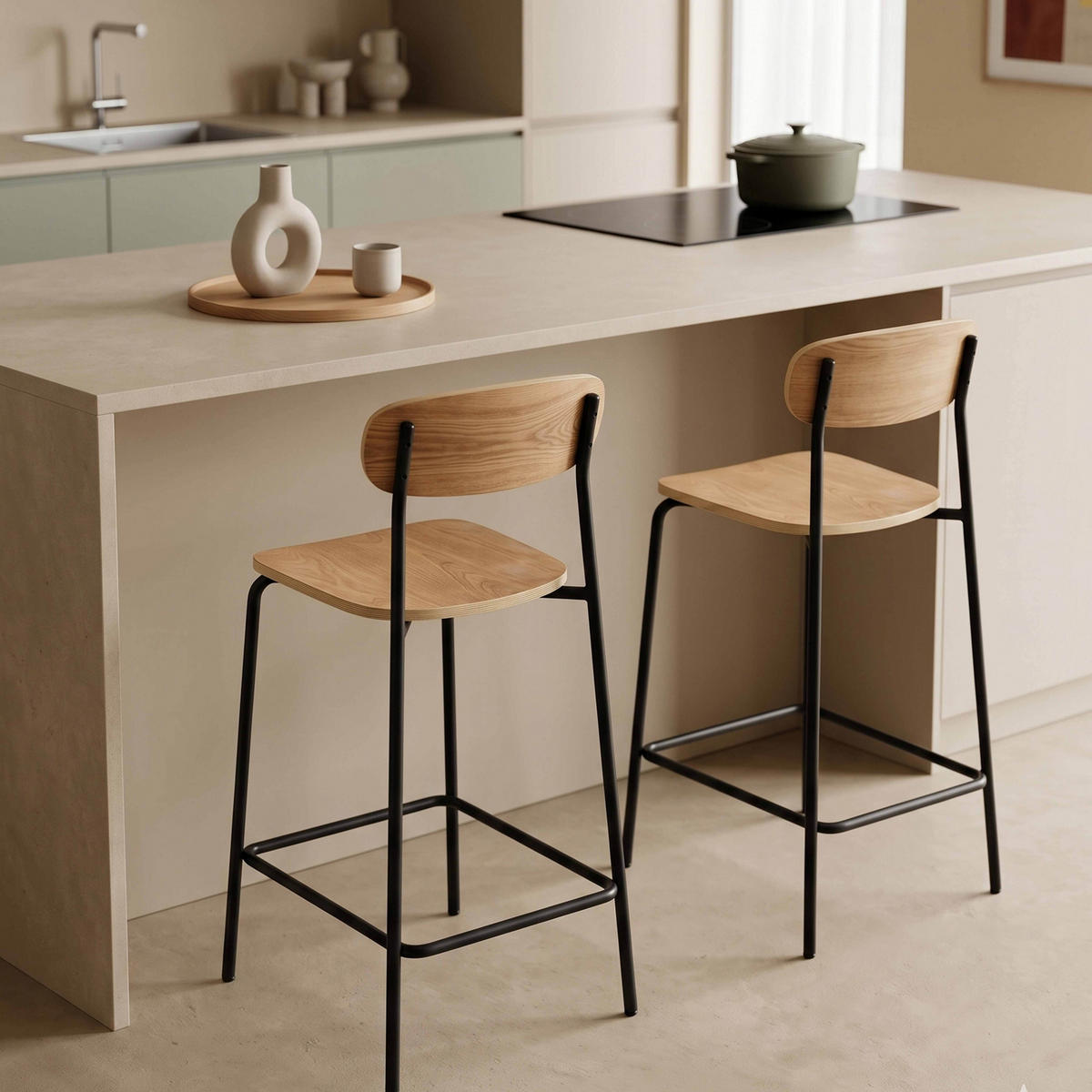 BARHOCKER 2-tlg., Schwarz - Schwarz, Holz/Metall (50/96/42cm) - Oviala