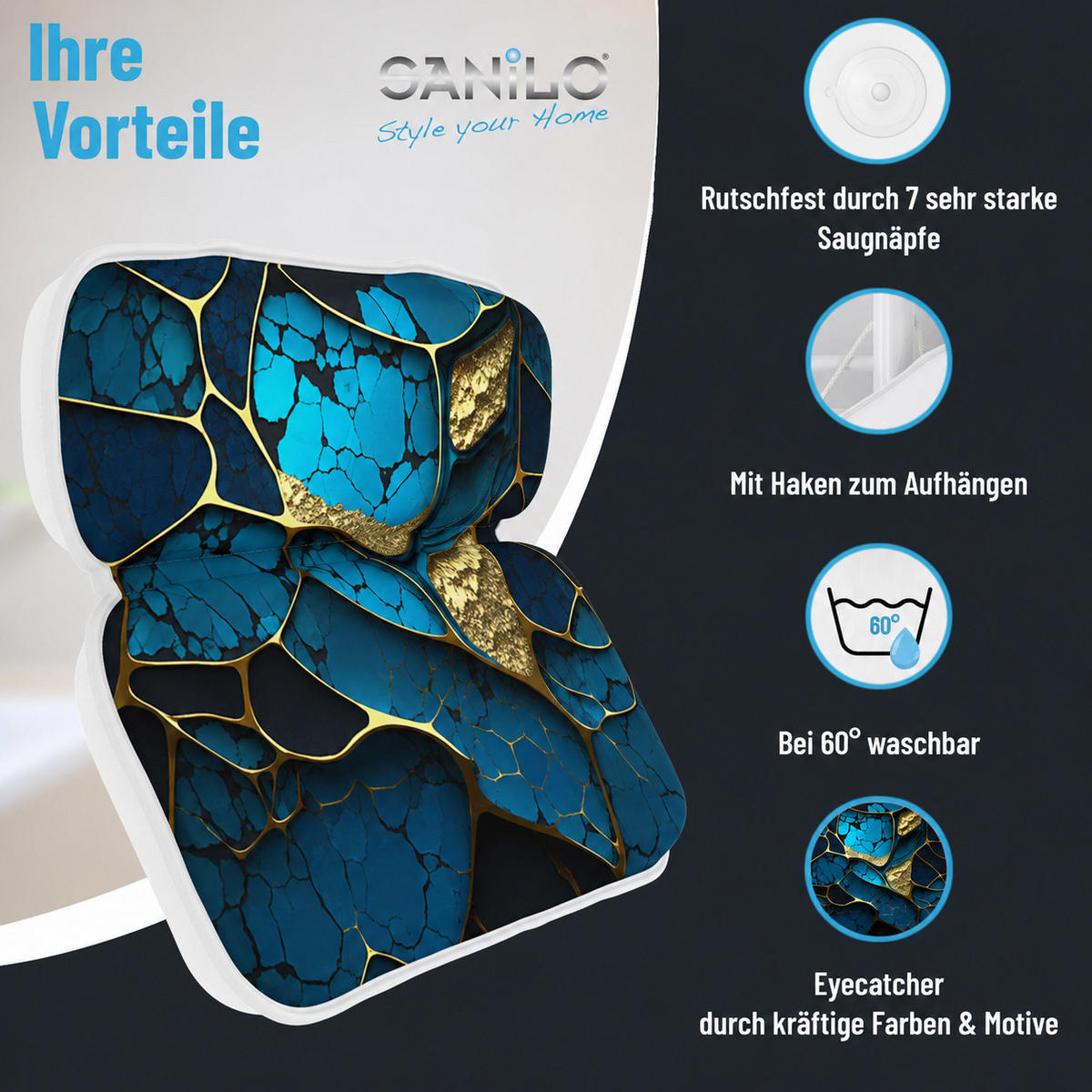 BADEWANNENKISSEN Marmor Cobalt - Blau, Kunststoff (39/5.5cm) - Sanilo
