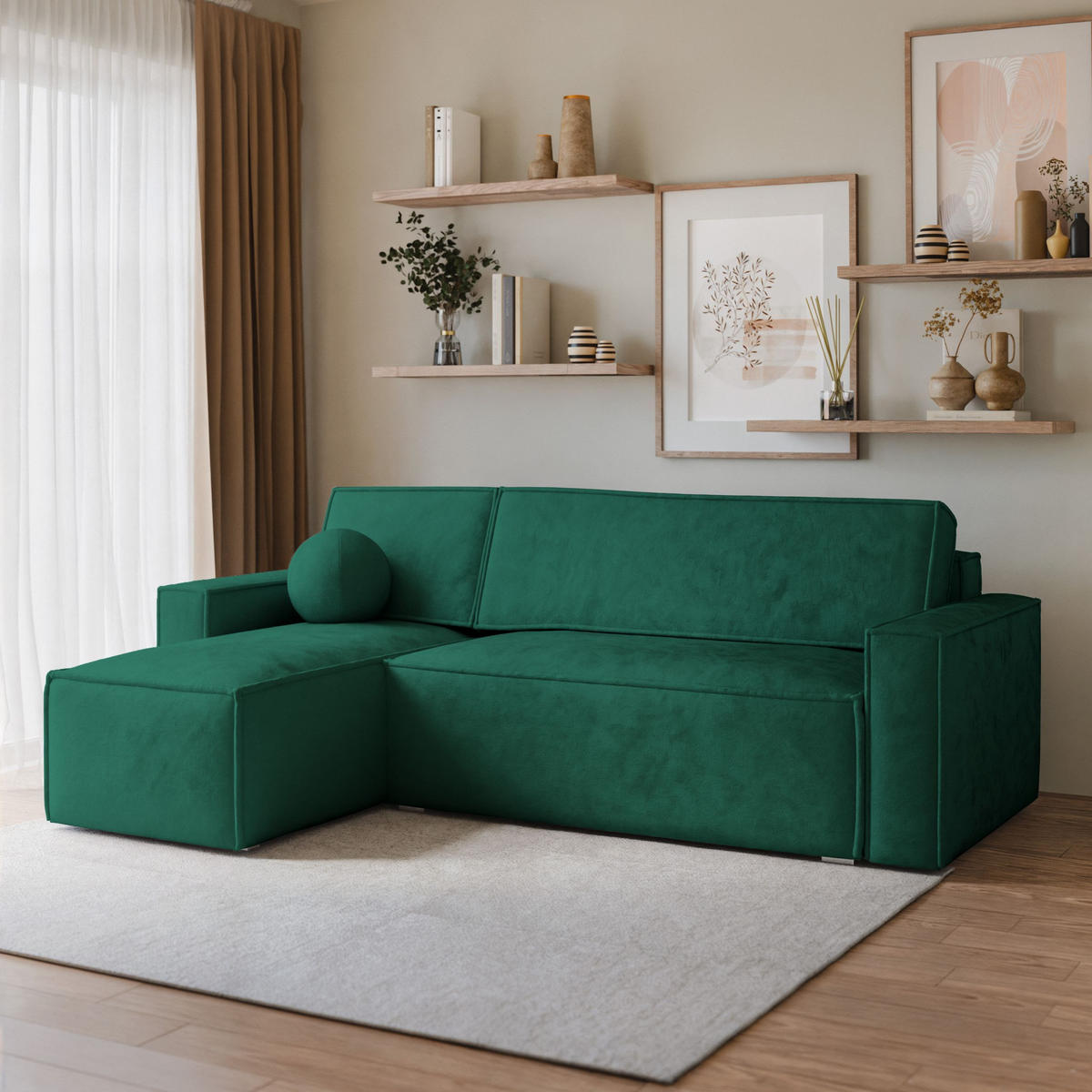 ECKSOFA RAVELO M Grün Velours-Stoff mit Schlaffunktion - Grün, Holz (240/140cm) - MASSENO