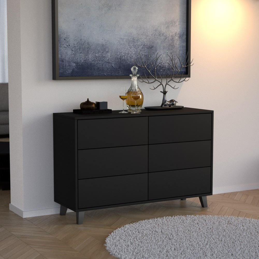 KOMMODE Home mit 6 Schubladen, 120 cm, ohne Griffe, Schwarz - Schwarz, Holzwerkstoff (120/80/40cm) - Beautysofa