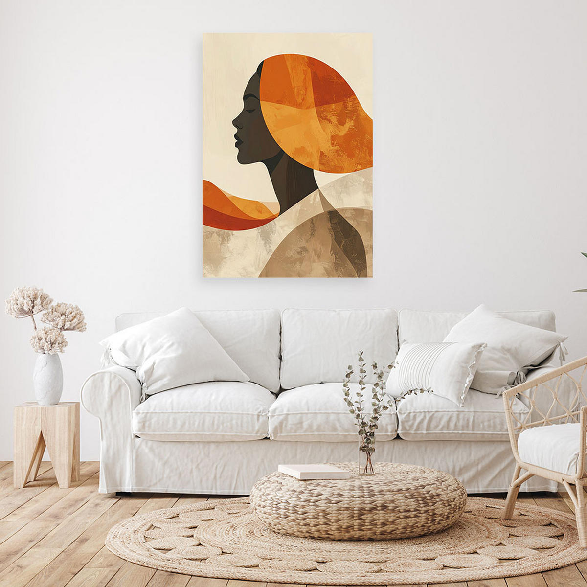 LEINWANDBILD, Minimalistisches Frauenprofil mit orangefarbener Sonne - Orange, Textil (20/30cm) - Feeby