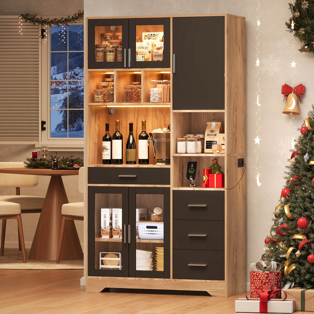 BUFFETSCHRANK Schwarz Natur 100/40/185 cm - Schwarz, Holz (100/185/40cm) - PANGIVO