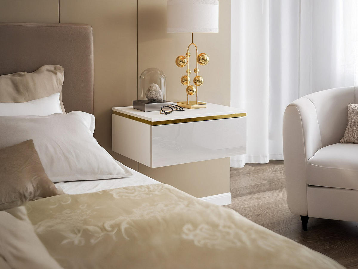 2ER-SET hängende Nachttische mit 1 Schublade - Hochglanz Weiß & Gold - VUKIA - Weiß, Holz (48.5/19.8/38.2cm) - Pascal Morabito