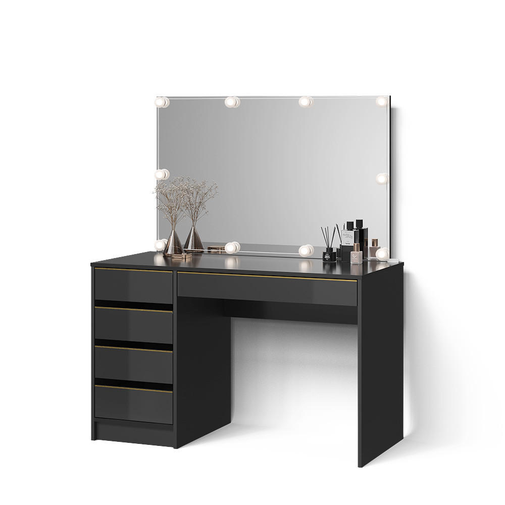 SCHMINKTISCH-SET Imola Schwarz/Gold 120 cm mit LED Beleuchtung - Goldfarben/Schwarz, Holzwerkstoff (120/75/55cm) - Livinity®
