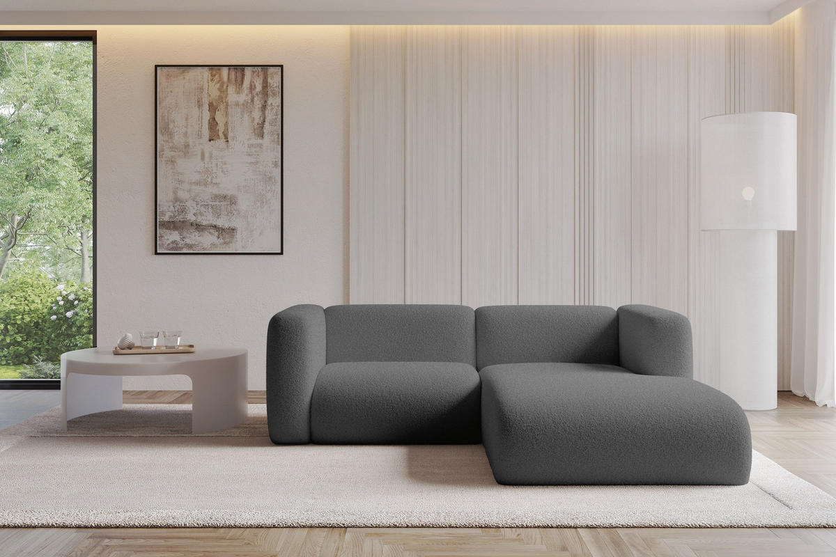 ECKSOFA Ottomane Rechts MIRA-L1 227x179x89 Grau Bouclé - Platinfarben/Schwarz, Holzwerkstoff/Kunststoff (227/179cm) - ALTDECOR