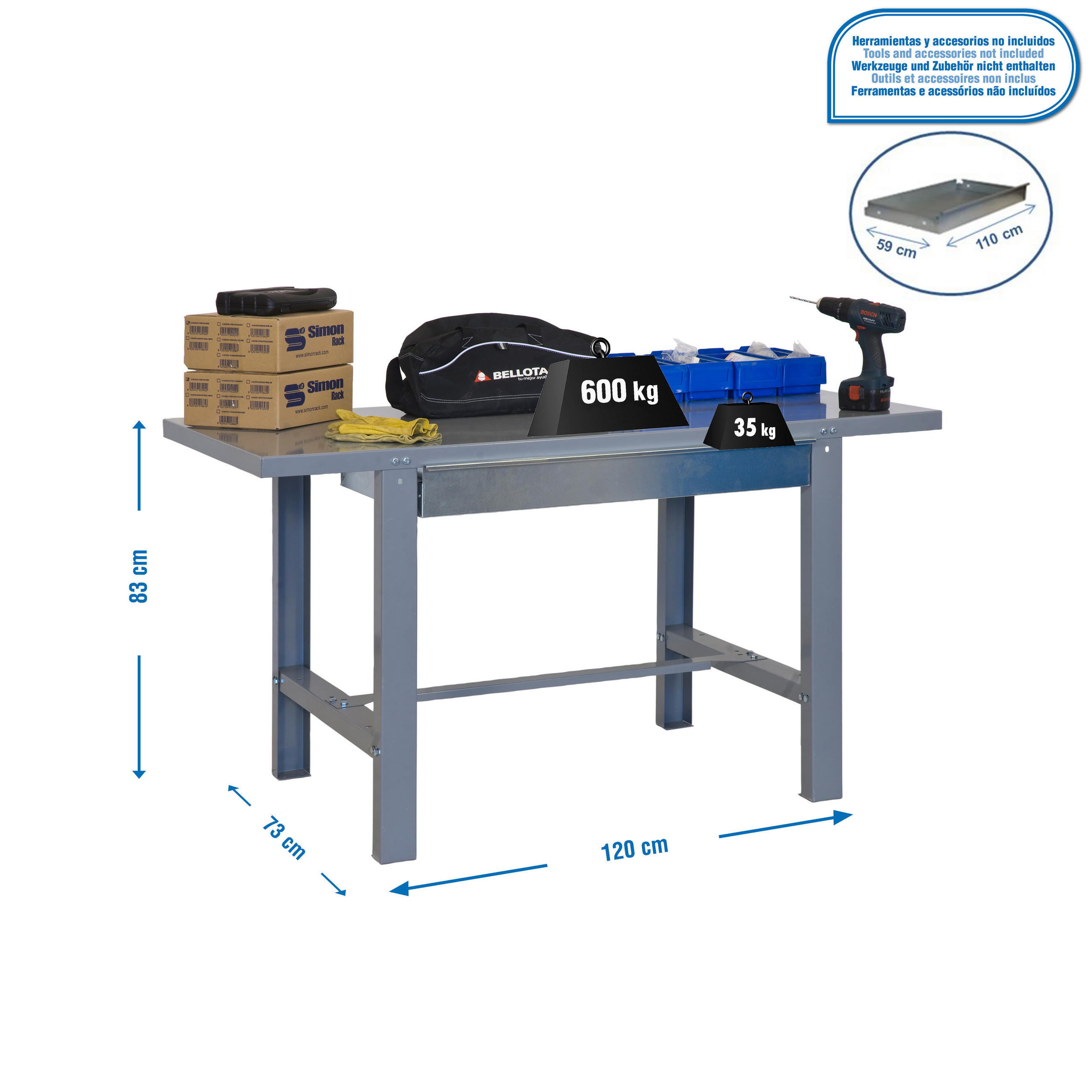 WERKBANK BUFFALO METAL mit Schublade | HxBxT 83x120x73cm | Traglast 600kg | Grau - Grau, Metall (120/83/73cm) - PROREGAL