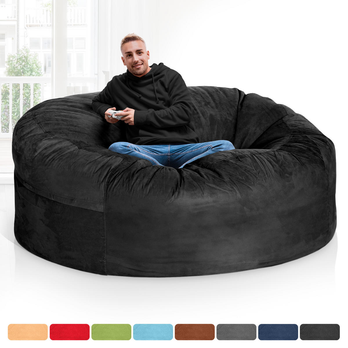RIESEN-SITZSACK XXL JUMBO Velours 6ft - Schwarz, Textil (180/120/180cm) - Green Bean