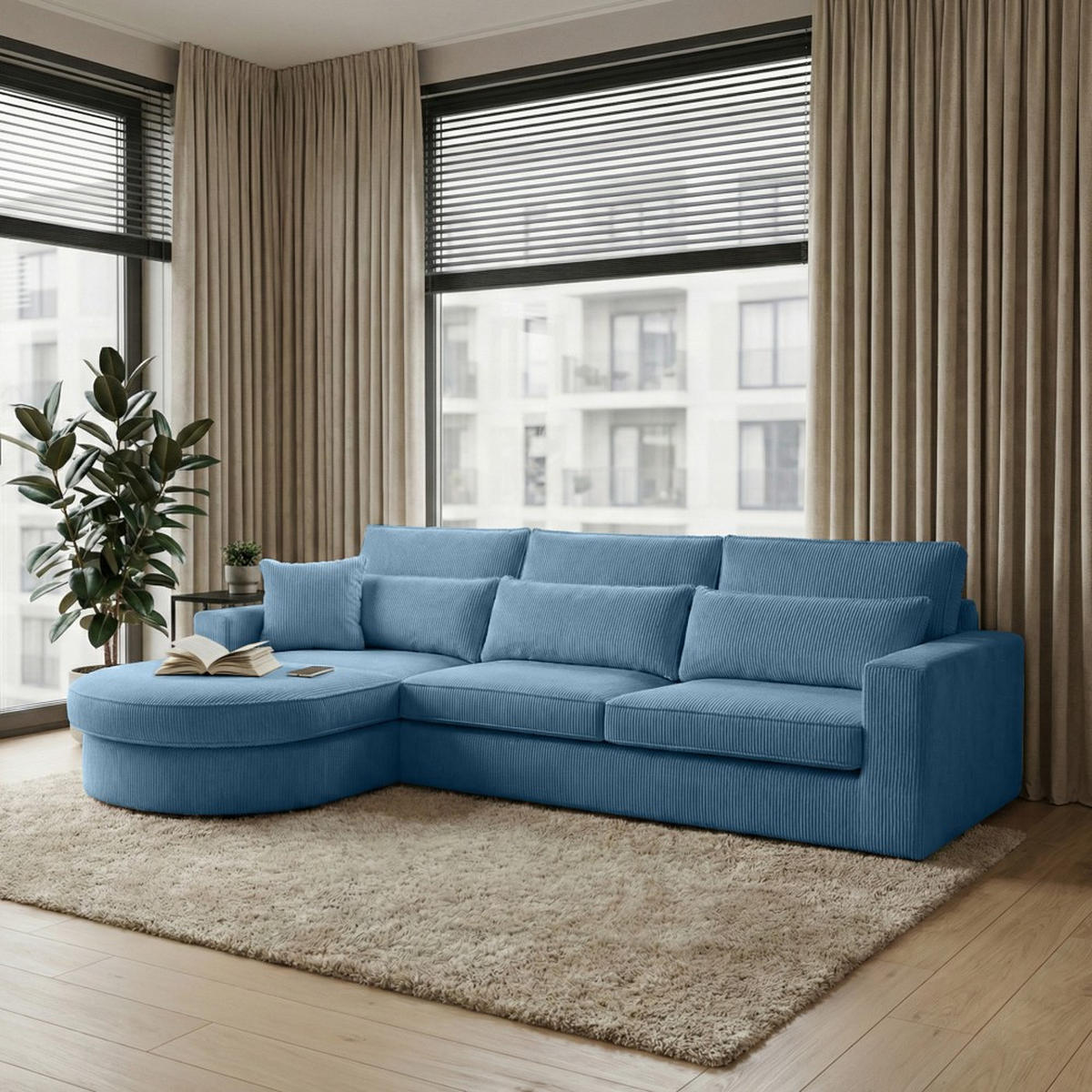 ECKSOFA Pablo ohne Schlaffunktion, mit abgerundeter Ottomane, links, Blau - Blau, Textil (319/196cm) - Beautysofa