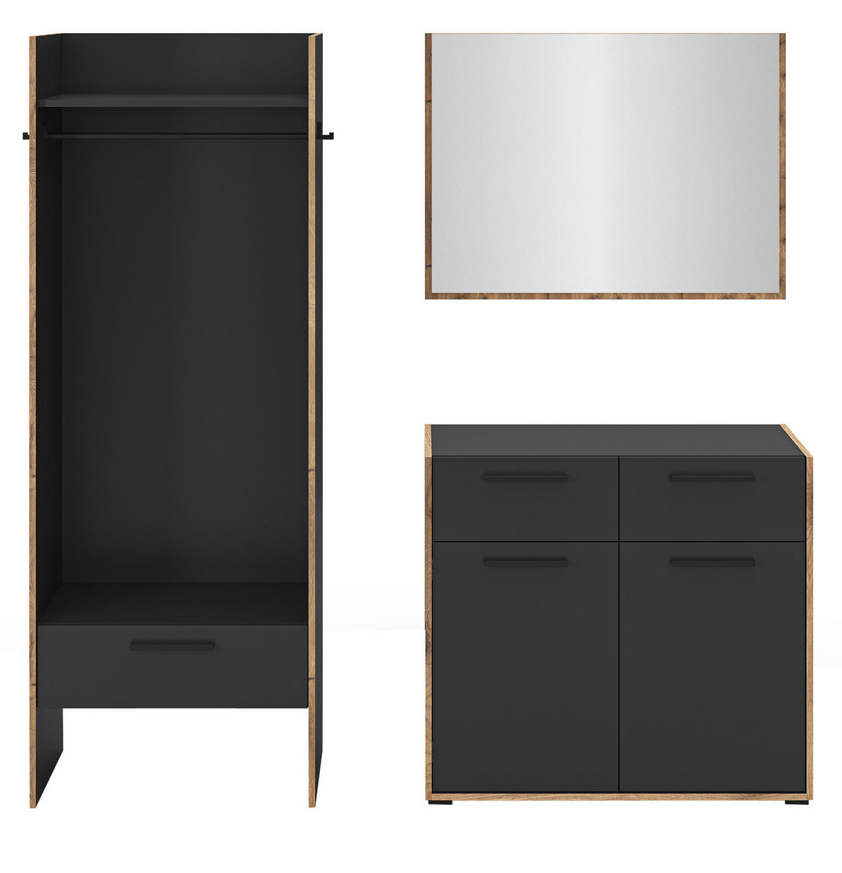GARDEROBE-SET grau und Nox Eiche, Garderobenkombination 3-teilig, 180 x 189 cm, Salud - Dunkelgrau/Schwarz, Holzwerkstoff/Kunststoff (180/189/37cm) - Inn.Furn