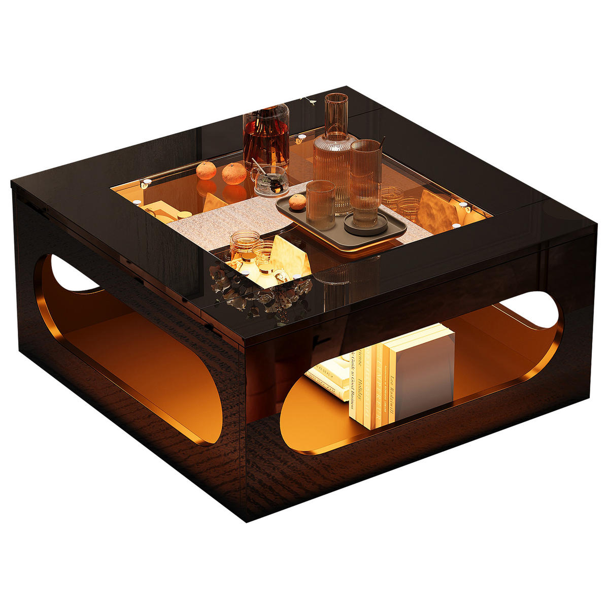KONFERENČNÍ stolek 70/70/35 cm černý z MDF se skleněnou deskou a LED osvětlením - černá, kompozitní dřevo (70/70/35cm) - OKWISH