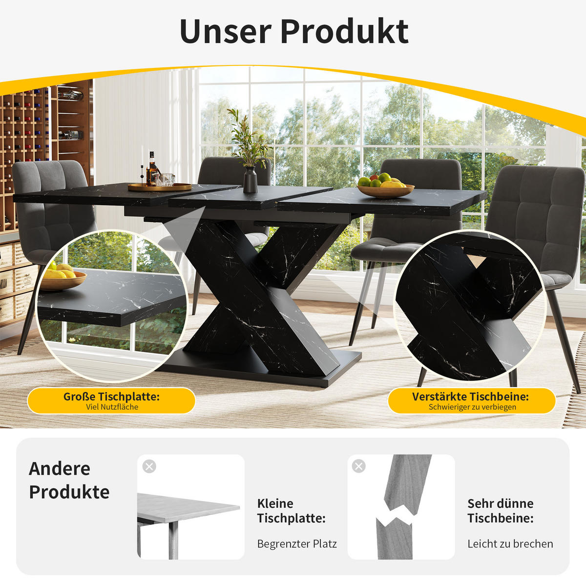 ESSTISCH Ausziehbar Schwarz Marmor X Design - Schwarz, Holzwerkstoff (80/119/75cm) - FLIEKS