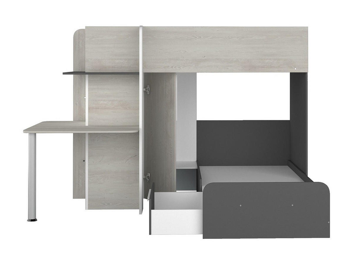 ECK-HOCHBETT - 2 x 90 x 190 cm - mit Schreibtisch - Grau, Weiß & Schwarz + Matratze - SAMUEL - Schwarz, Holz (194/241cm) - Vente-Unique