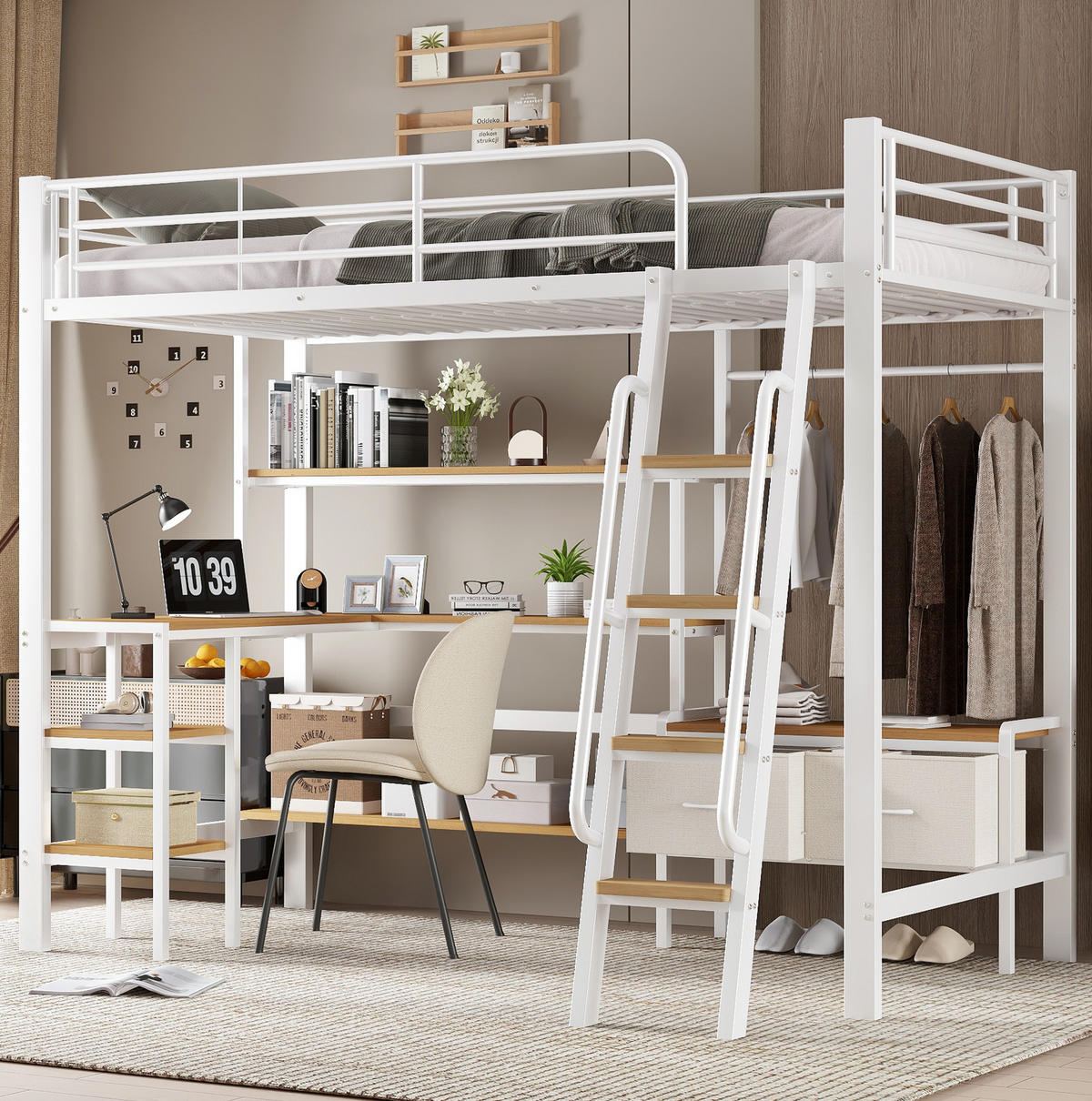HOCHBETT 90/200 cm Weiß/Natur mit Schreibtisch und Stauraum - Weiß, Metall (90/200cm) - MIVRAY