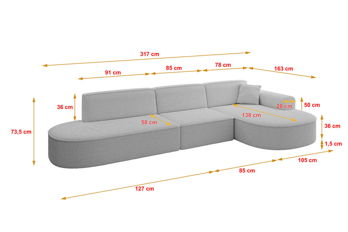 ECKSOFA Ottomane Rechts MARI-L2 - 317x163x73,5 cm Hellgrau Bouclé - Hellgrau/Schwarz, Holzwerkstoff/Kunststoff (317/163cm) - ALTDECOR