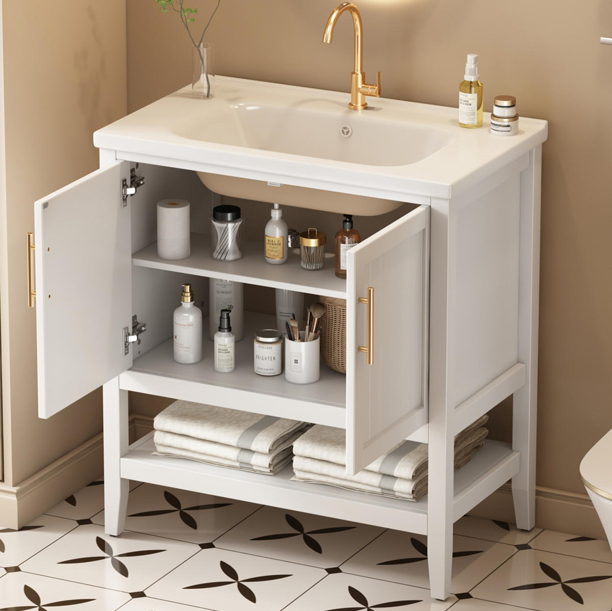 WASCHTISCH mit Unterschrank aus MDF 80x47x89 cm in Weiß, bodenstehend, pflegeleicht und mit Keramikbecken - Weiß, Holzwerkstoff (80/89/47cm) - Modfu
