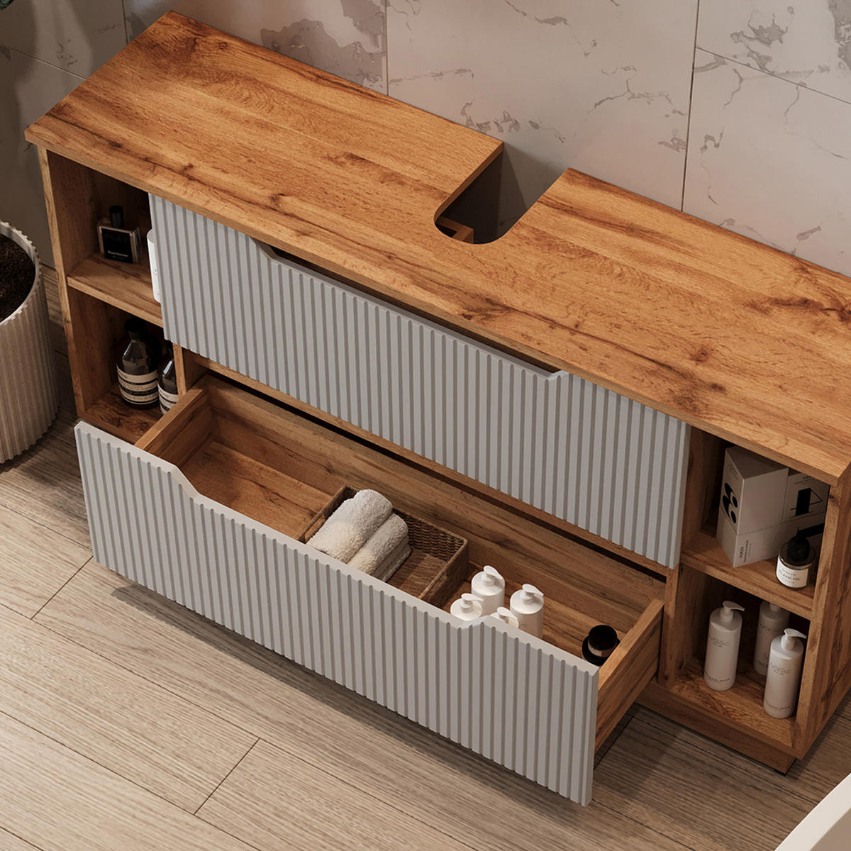 WASCHBECKENUNTERSCHRANK Lotta Eiche/grau gestreift 119.2 x 62.5 cm mit 2 Schubladen - Grau, Holzwerkstoff (119.2/62.5/32cm) - Vicco