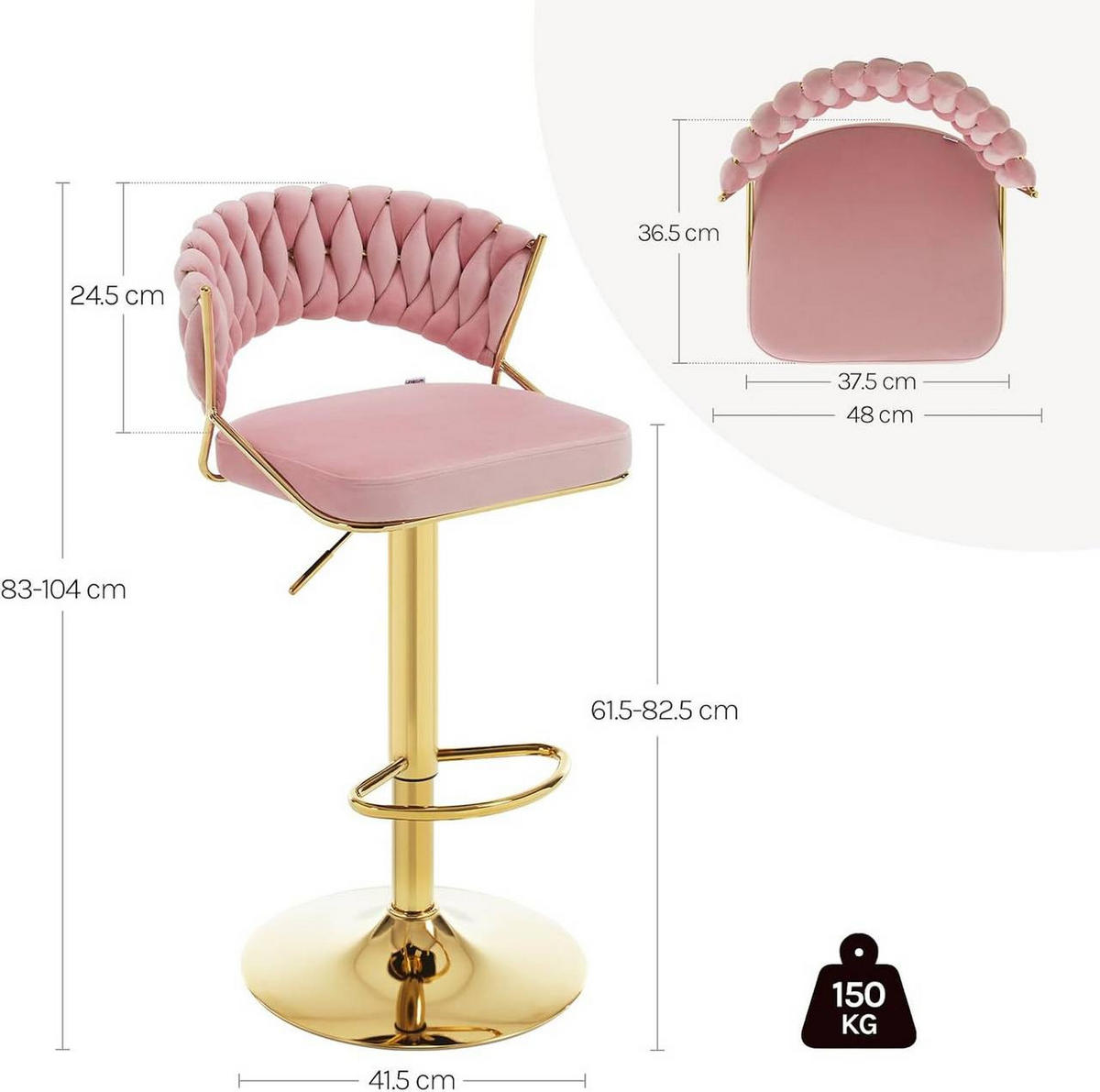 BARHOCKER 4er Set, mit geflochtener Rückenlehne, Samt, Rosa - Goldfarben/Rosa, Textil/Metall (48/83/46.5cm) - Woltu
