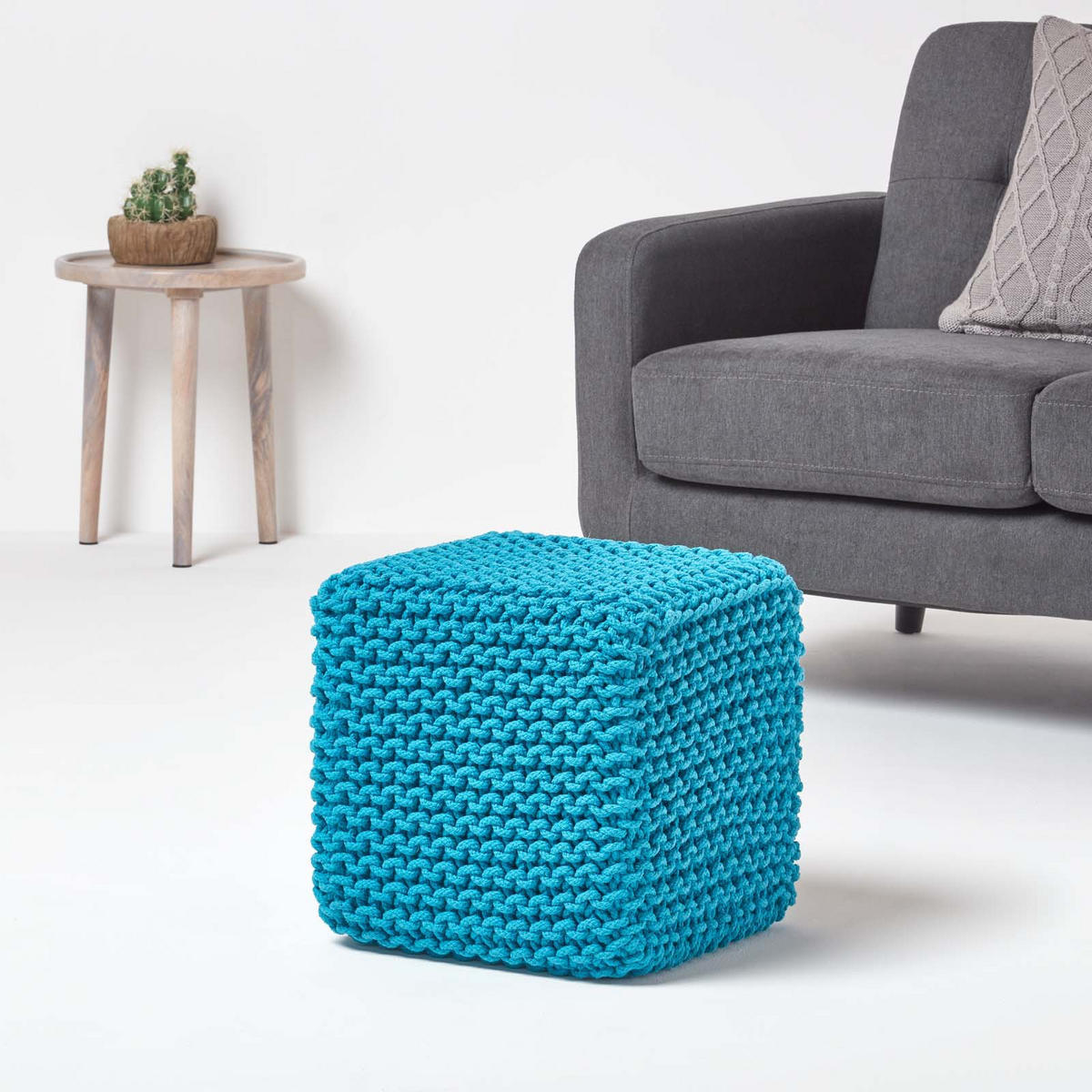 STRICK-POUF türkis, Sitzwürfel 35/35/35 cm - Türkis, Textil (35/35/35cm) - Homescapes