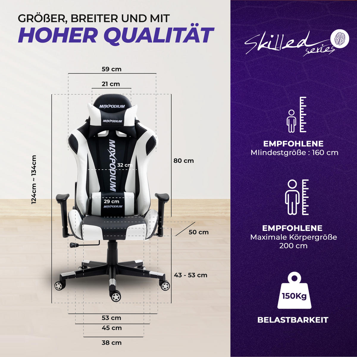 GAMING-STUHL Skilled Schwarz Weiß - Weiß, Metall (55/137/50cm) - MaxPodium