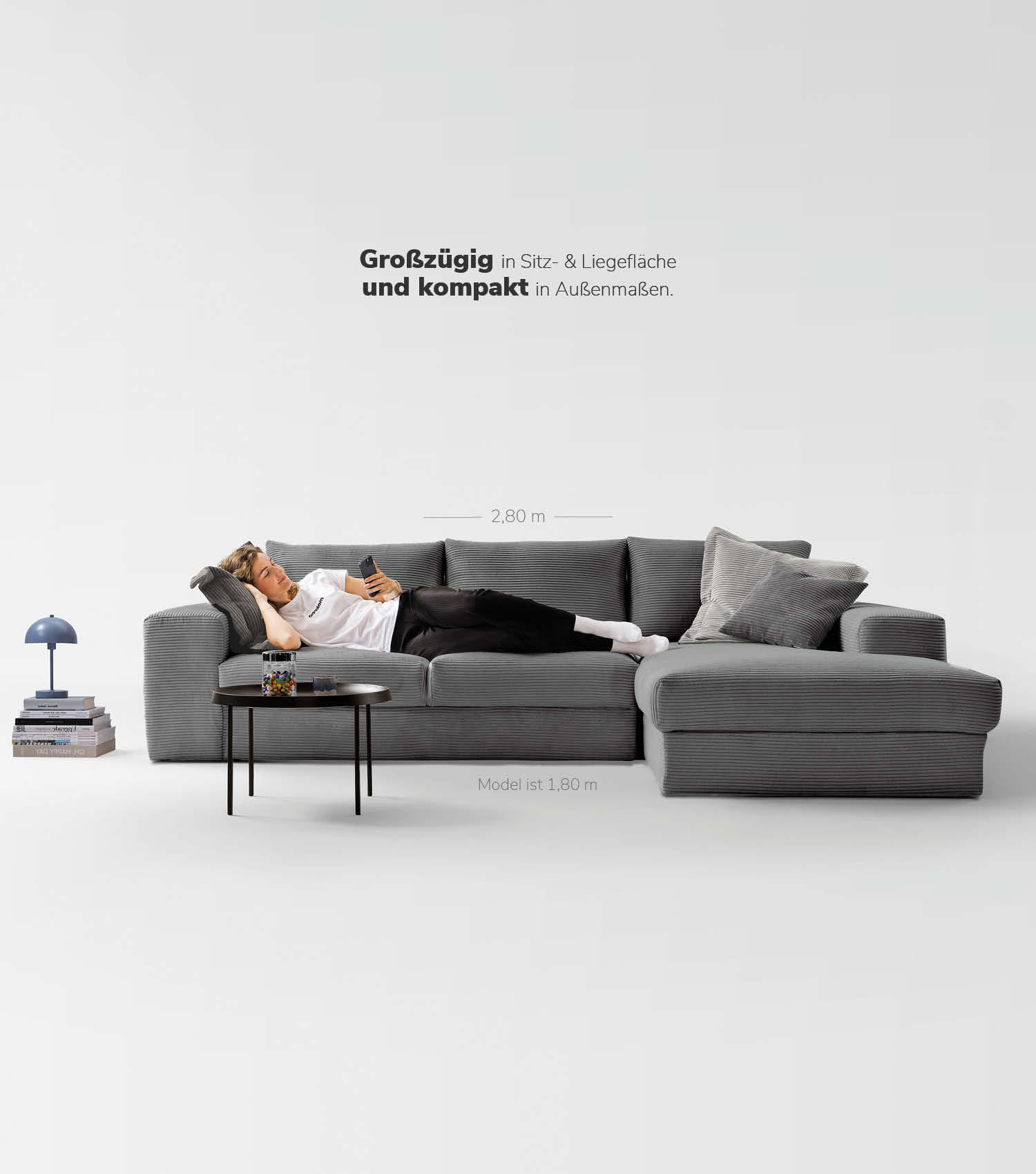 ECKSOFA Der Klassiker Recamiere rechts - Anthrazit, Textil (280/190cm) - Mokebo