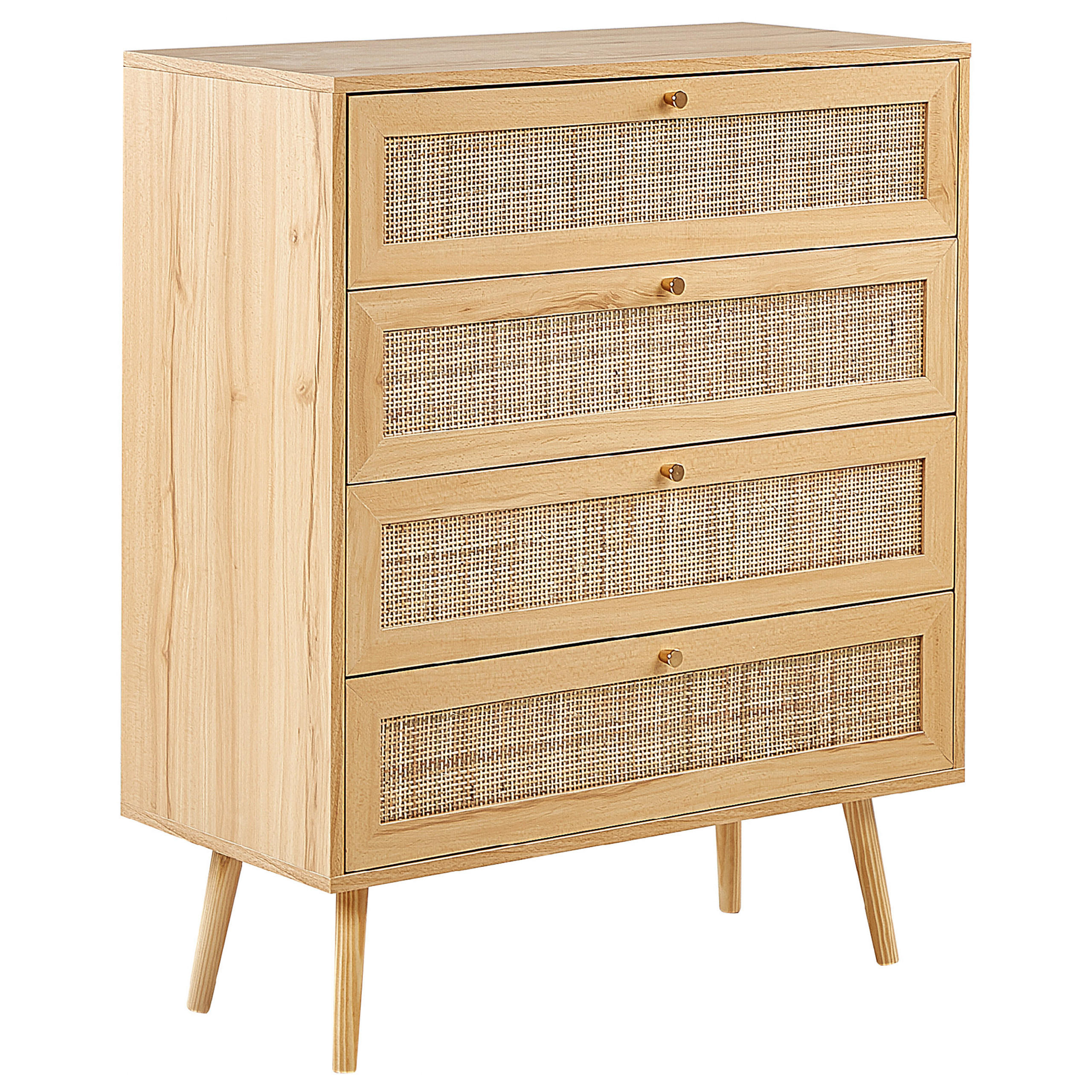 KOMMODE 4 Schubladen Rattan Helles Holz Perote - Hellbraun/Goldfarben, Naturmaterialien (80/97/38cm) - Beliani