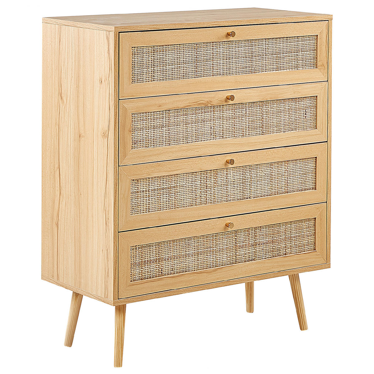 KOMMODE 4 Schubladen Rattan Helles Holz Perote - Hellbraun/Goldfarben, Naturmaterialien (80/97/38cm) - Beliani