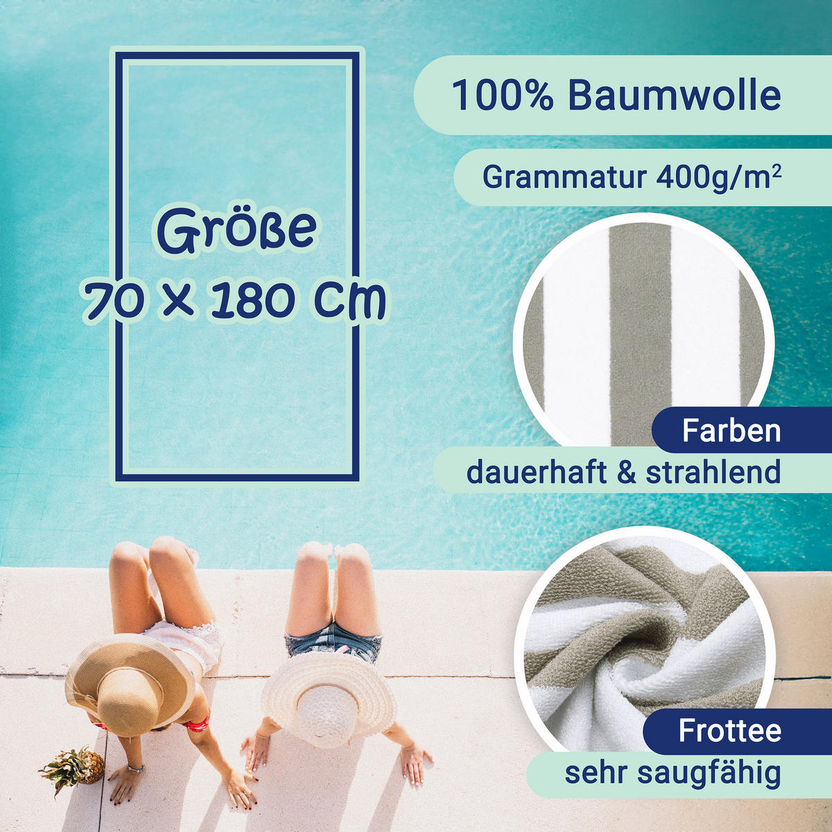 STRANDTUCH, 2er-Set, 70x180 cm, 100% Baumwolle, Grau - Grau, Textil (70/180cm) - Zollner