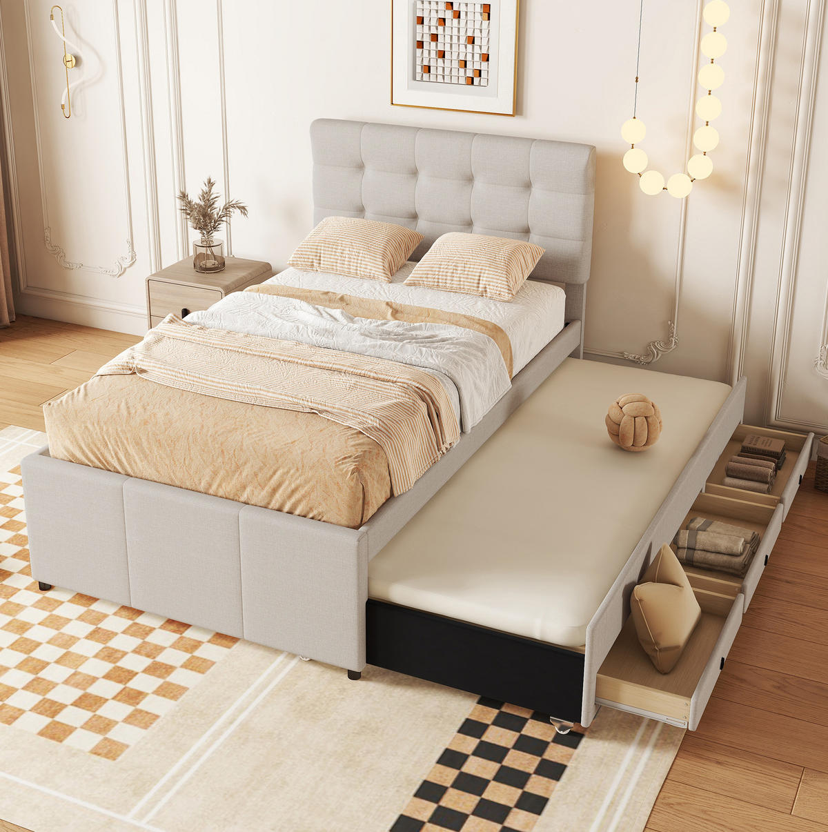 POLSTERBETT 90/200 cm Beige aus Leinen mit Ausziehbett - Beige, Textil (90/200cm) - OKMYHOME